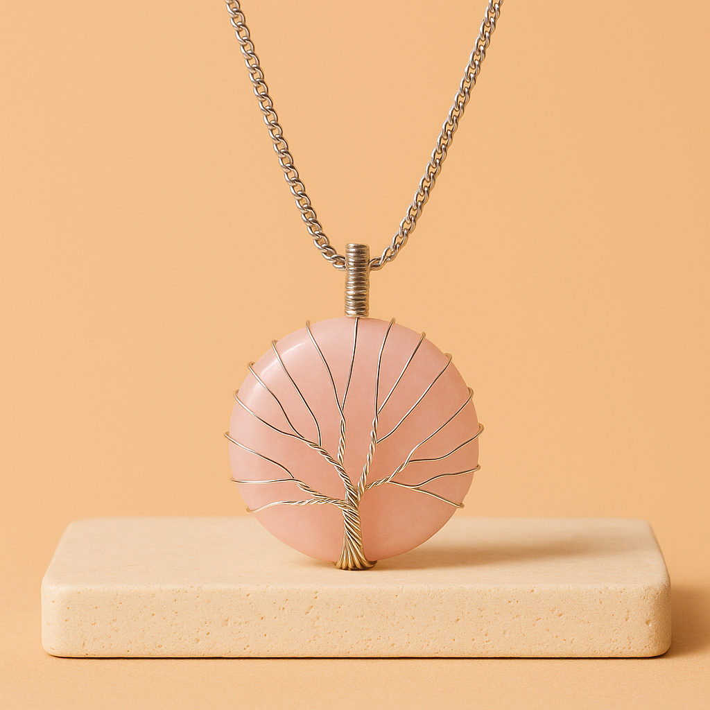Colgante Árbol de la Vida con cuarzo rosa, cristal en forma arbórea y alambre plateado, cadena ajustable 4 cm – equilibrio