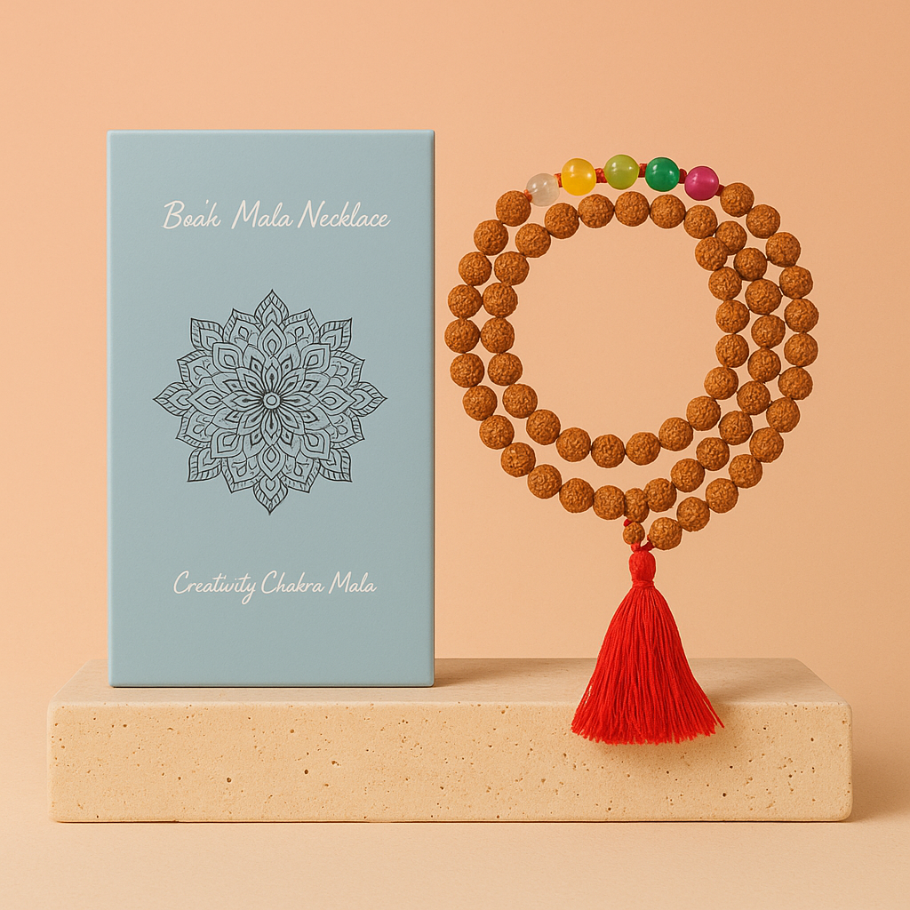 Collar Bali Mala 7 Chakras de Rudraksha, 108 cuentas, colores energéticos, fleco rojo, 46 cm - equilibrio y paz interior