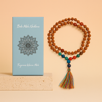 Collar Bali Mala con 108 Rudraksha y cuenta única de Ojo de Tigre, Ágata roja y Granate; 49 cm - perdón y transformación
