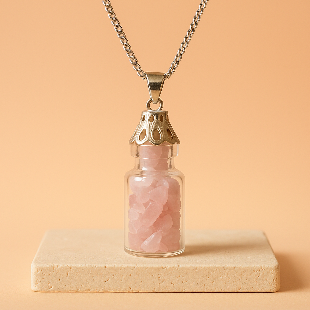 Collar con botella de cuarzo rosa: cristal con fragmentos rosados y cadena plateada ajustable - favorece armonía emocional