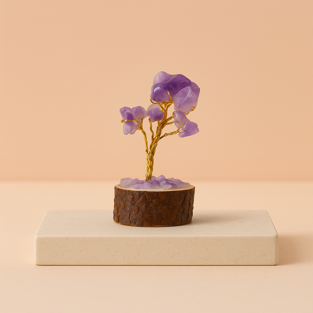 Árbol de amatista mini con base de madera, 15 piedras violetas en ramas, compacto - Protección, calma y espiritualidad.