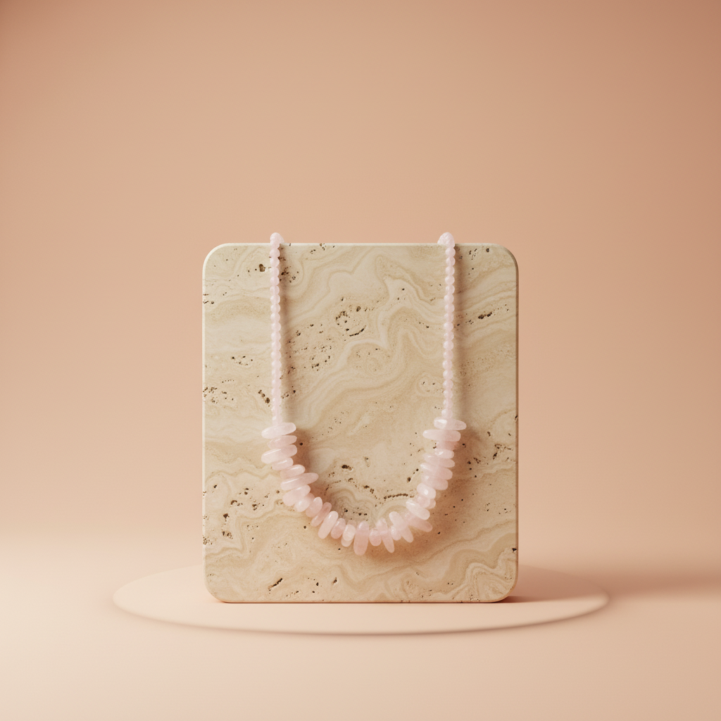 Collar de gemas Longstone con cuarzo rosa: colgante alargado de piedra rosada y cuentas - equilibrio emocional