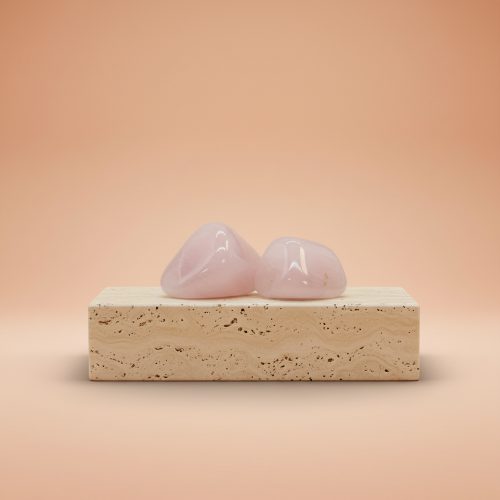 Cuarzo rosa: pequeñas piezas africanas pulidas, color rosado suave, forma irregular y tamaño compacto -aporta calma y enfoque