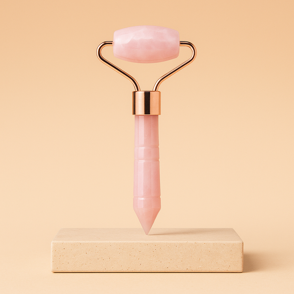 Rodillo facial de cuarzo rosa mini, compacto, con dos cabezas, ideal para autocuidado - amor propio