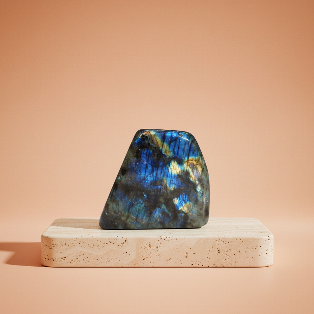 Labradorita Madagascar: piedras grandes, 900-1100 g, 100-170 mm, iridiscentes azul verdoso; energética - equilibrio