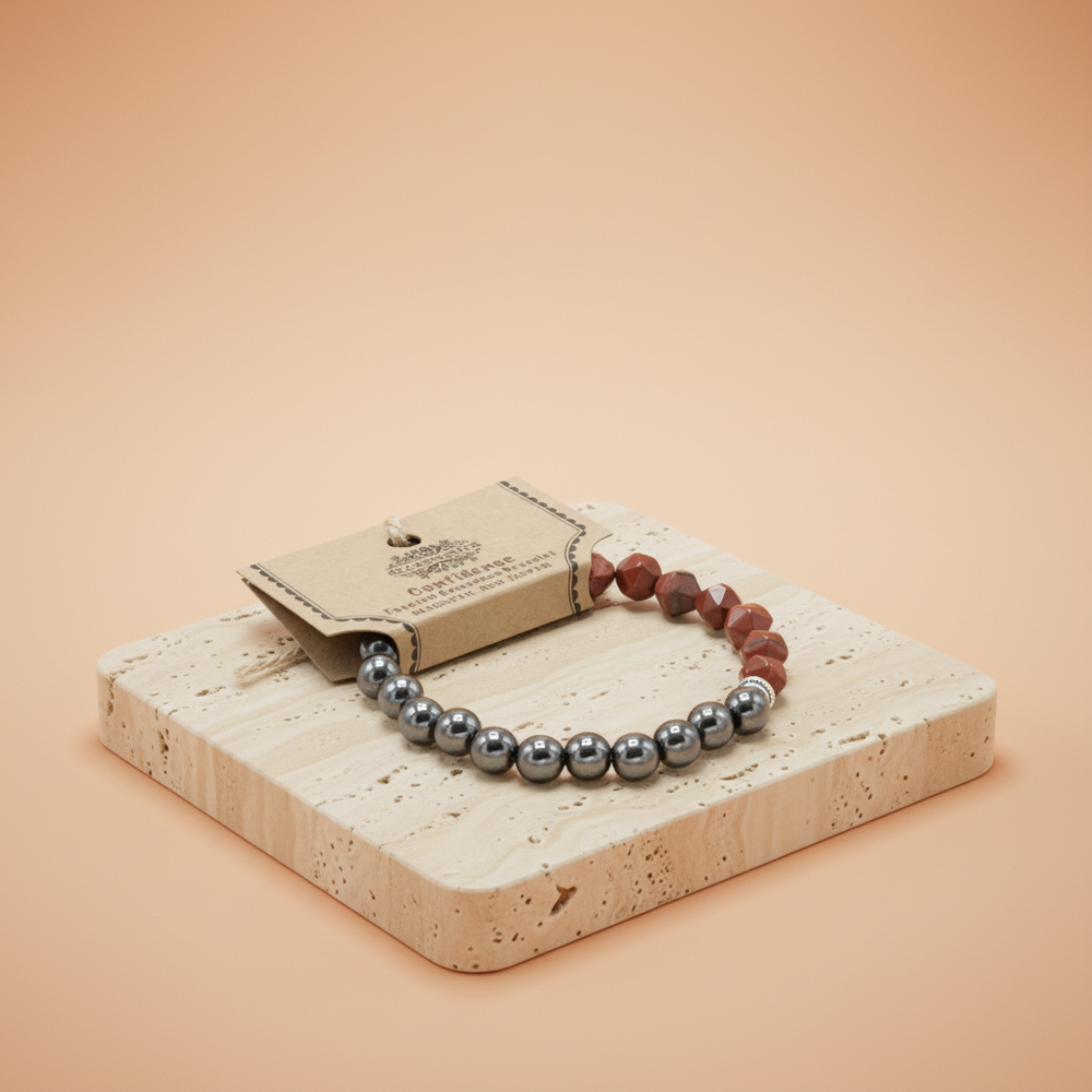 Pulsera jaspe rojo magnética tallada con cuentas y elástico, tonos rojos intensos - fortalece seguridad interior y vitalidad