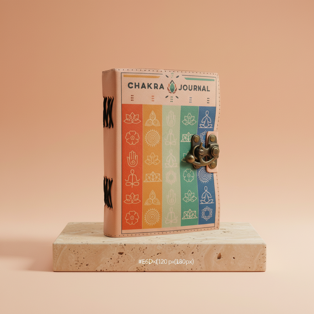 Cuaderno de cuero con diseño 7 chakras, 12,5x17,5 cm, tapa en piel y costuras visibles - para prácticas de bienestar