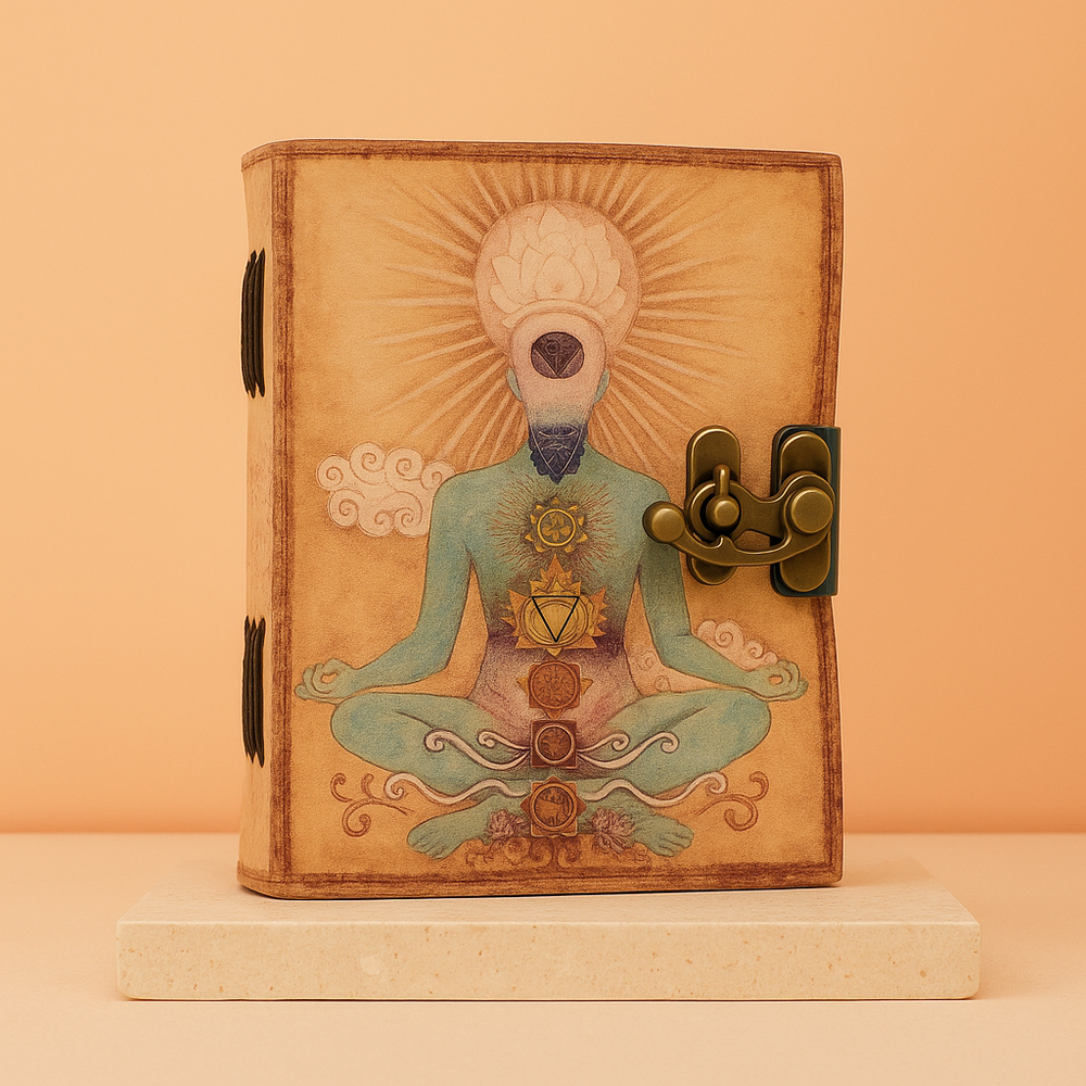 Cuaderno de cuero: cubierta grabada con chakras y símbolos budistas, cierre de bronce, tamaño 12,5 x 17,5 cm - introspección