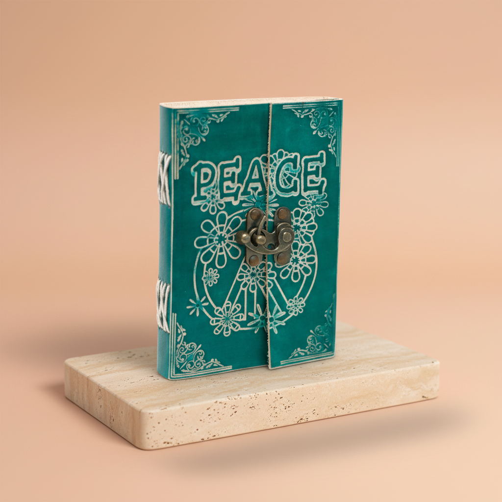 Cuaderno de Cuero Paz, formato rectangular en piel natural, color marrón suave - armonía energética en espacios zen.