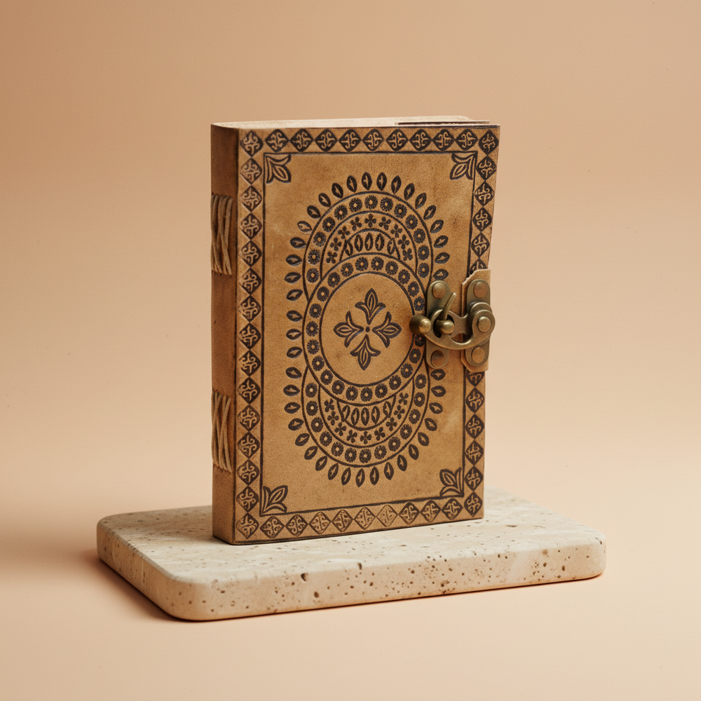 Cuaderno de cuero - libreta rectangular con tapas de piel natural y costuras visibles - favorece armonía y bienestar.