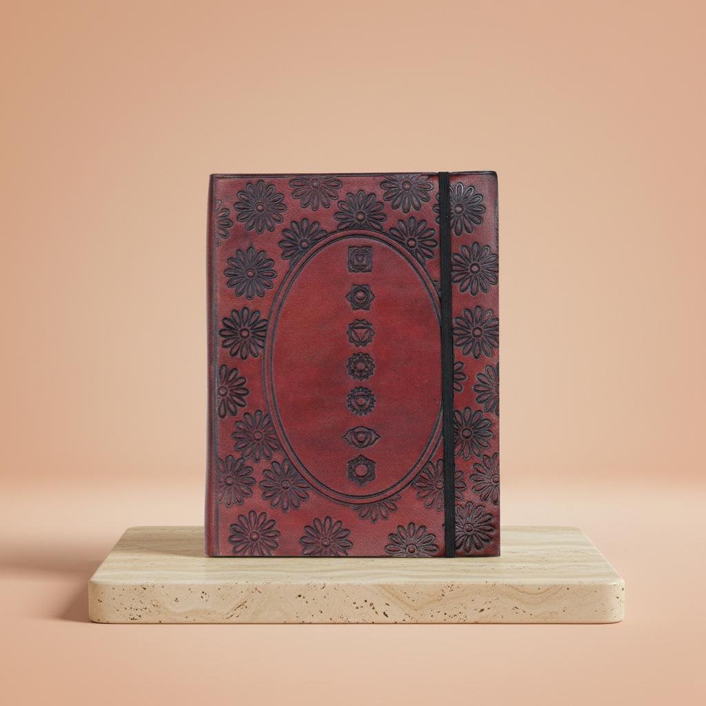 Cuaderno mediano con elástico, cubierta en cuero vegetal y diseño Chakra Mandala - armonía y enfoque.