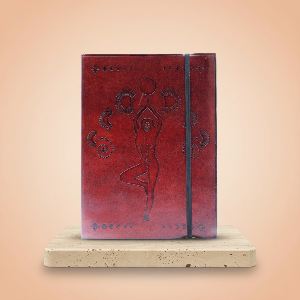 Cuaderno mediano con elástico, cuero vegetal artesanal, diseño Diosa Cósmica - favorece armonía energética