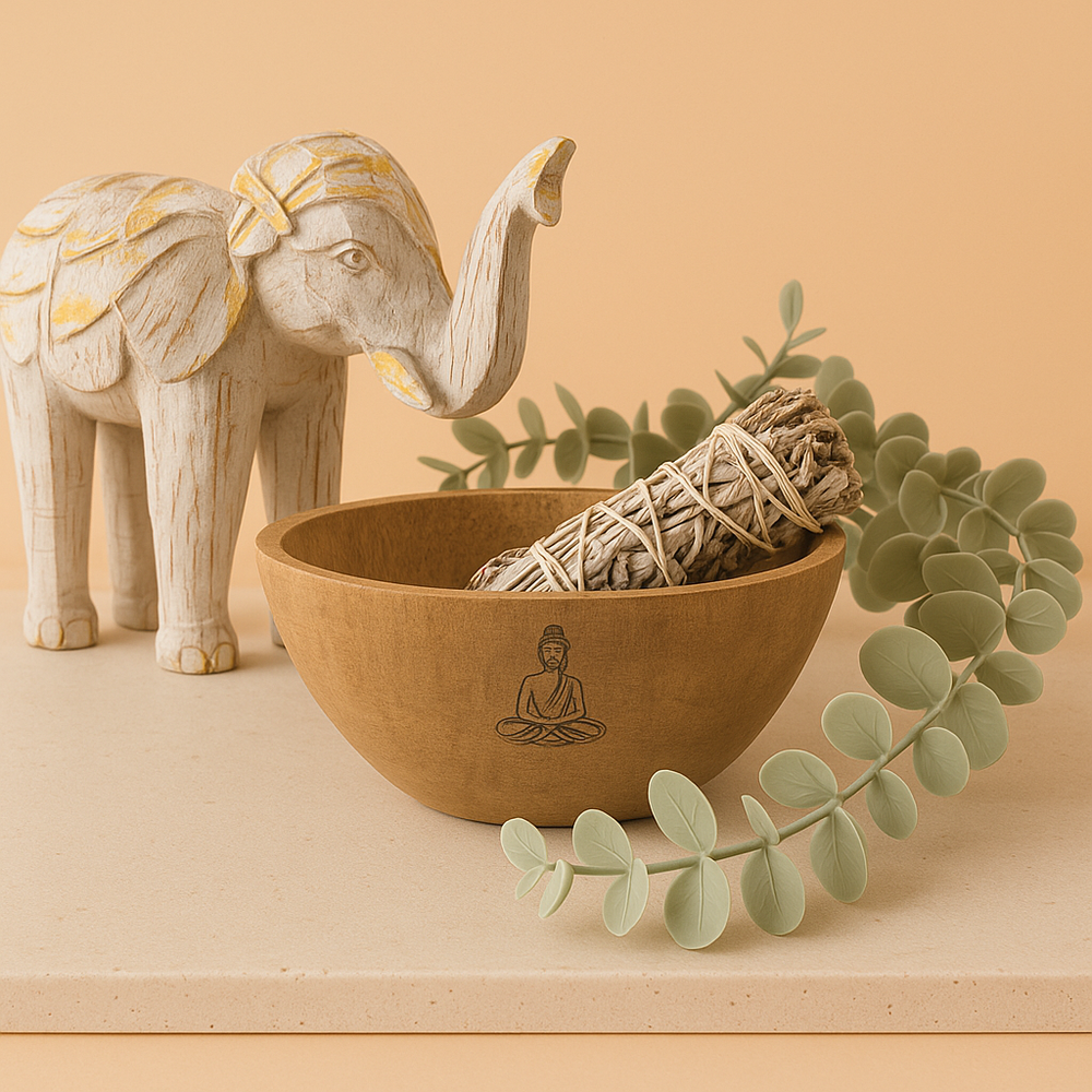 Cuenco de madera grabado con Buda, 13x7 cm, para ofrendas y rituales en altares; madera natural - fomenta paz interior