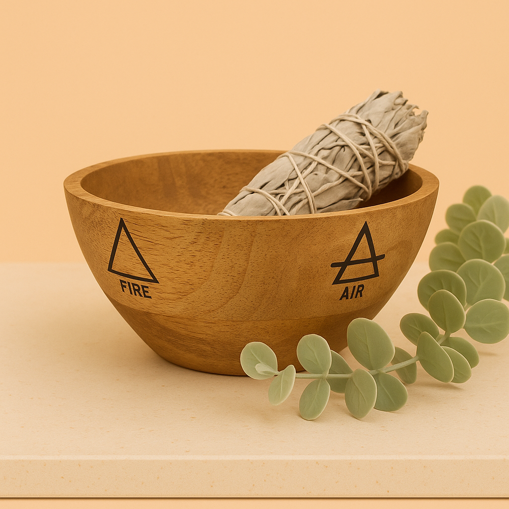Cuenco de Madera para Ofrendas: recipiente circular 11x7 cm con grabado de Cuatro Elementos, ideal para rituales - armonía