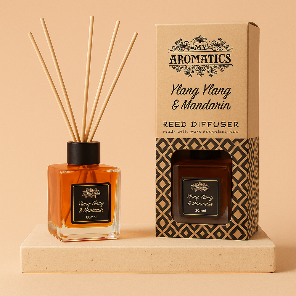 Difusor de varillas Ylang-Ylang & Mandarina, frasco de vidrio claro 200 ml con ratán, diseño elegante - promueve relajación
