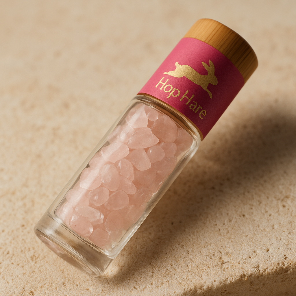 Detalle mineral de Roll-On de Cuarzo Rosa: frasco de 10 ml con esfera, piedras rosas y tapa de bambú; compacto - amor y armonía
