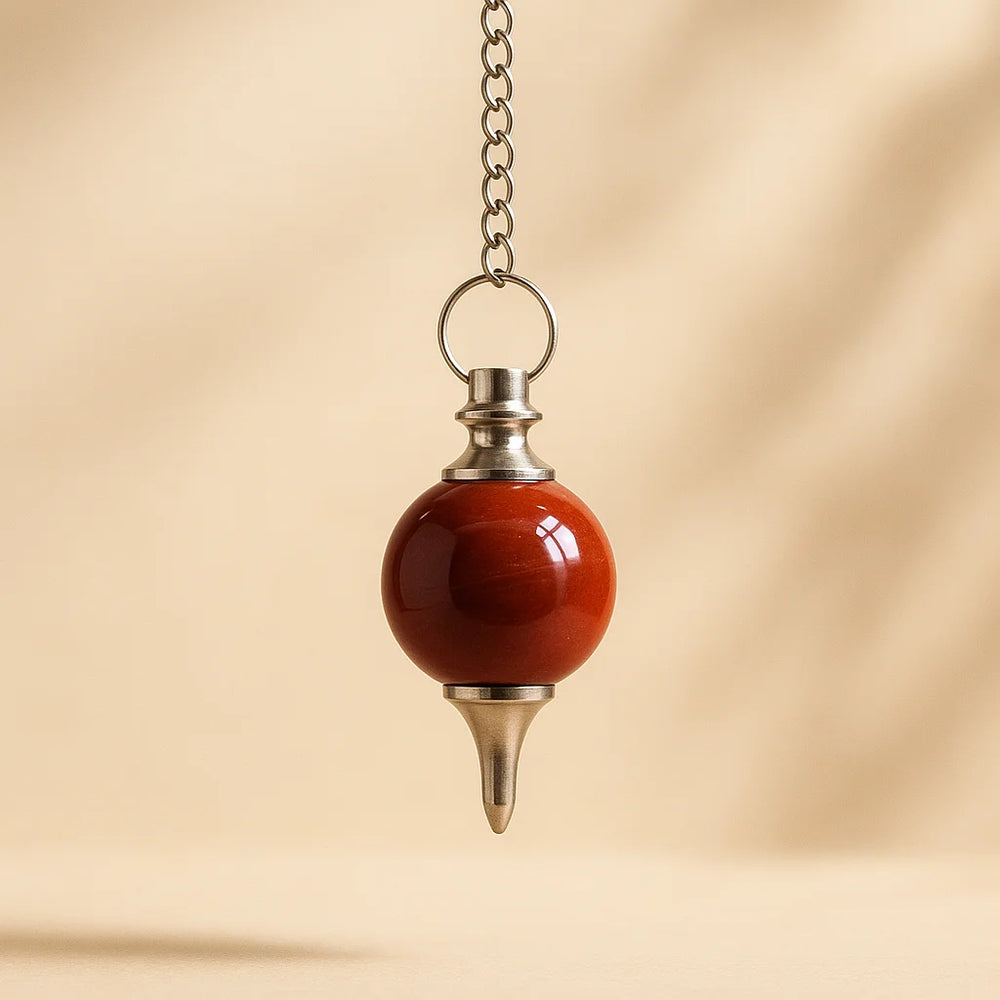 Péndulo jaspe rojo, esfera pulida, color carmín y forma redonda, ideal para meditación - favorece enfoque y equilibrio