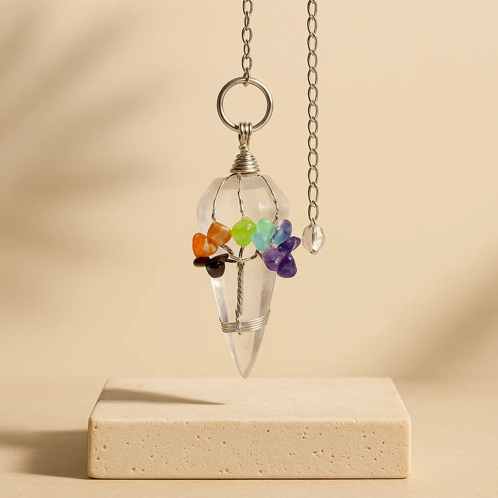Péndulo Mágico de Siete Chakras con Cuarzo Roca transparente, punta y cadena plateada - alinea chakras e impulsa intuición