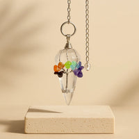 Péndulo Mágico de Siete Chakras con Cuarzo Roca transparente, punta y cadena plateada - alinea chakras e impulsa intuición