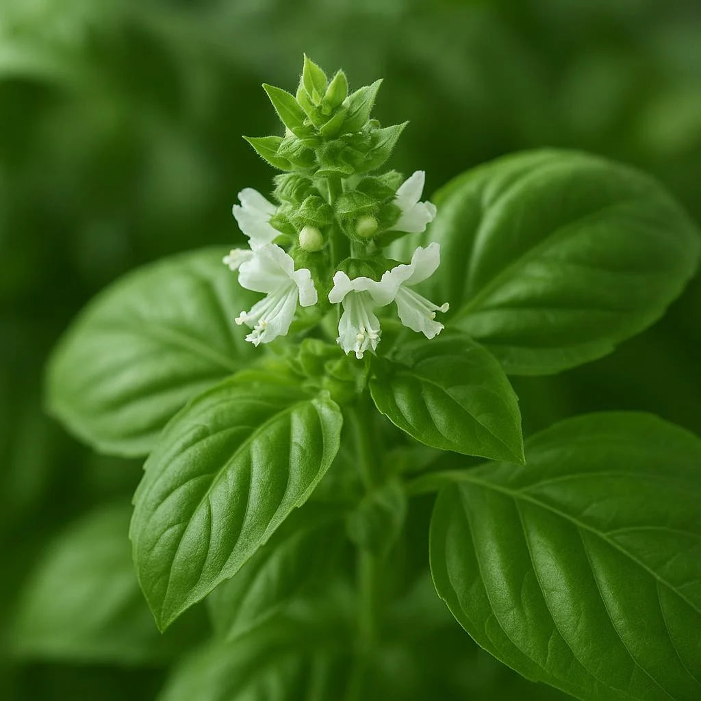 Aceite esencial de albahaca – frasco vidrio 10 ml; color verdoso – aroma fresco – claridad mental – mejora concentración