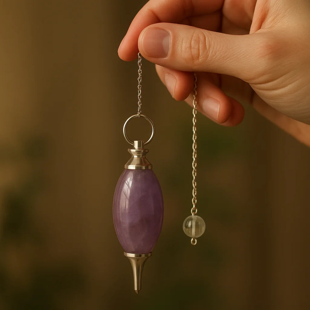 Péndulo Lingam de Amatista natural con cadena plateada, púrpura - útil para meditación y radiestesia - guía intuitiva