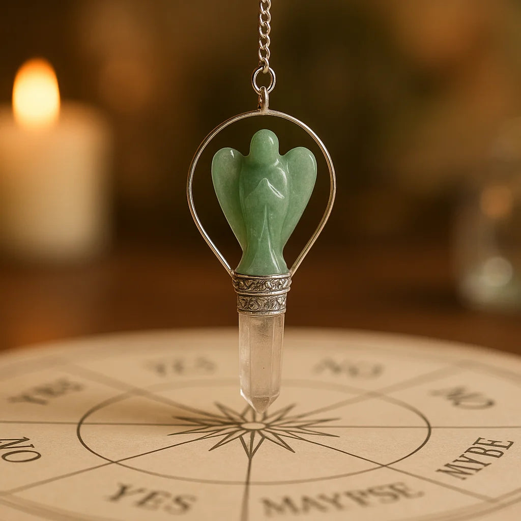 Péndulo Ángel de Aventurina Verde: ángel en aventurina verde con cadena plateada - guía espiritual y equilibrio emocional