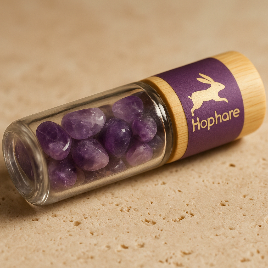Detalle mineral de  Amatista roll-on 10 ml con piedras en su interior y tapa de bambú; color púrpura — calma mental y elevación espiritual