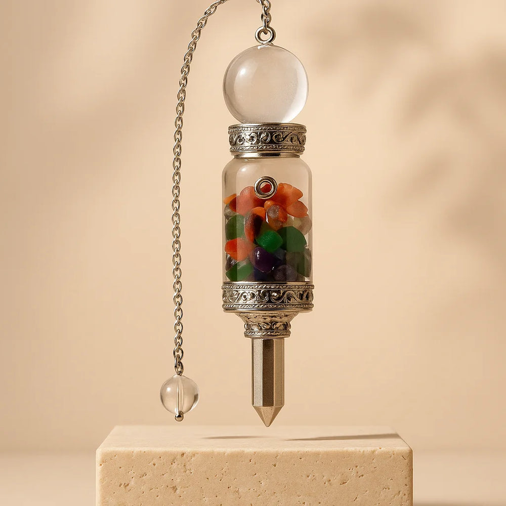 Péndulo Chakras Flotantes con cristales de siete centros, diseño suspendido y cadena plateada - equilibrio e intuición