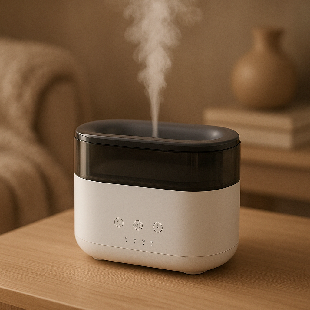Difusor de Aromas Moderno, tanque 300 ml, acabado neutro y temporizador 1–6 h, funcionamiento silencioso - bienestar. en uso en la habitacion