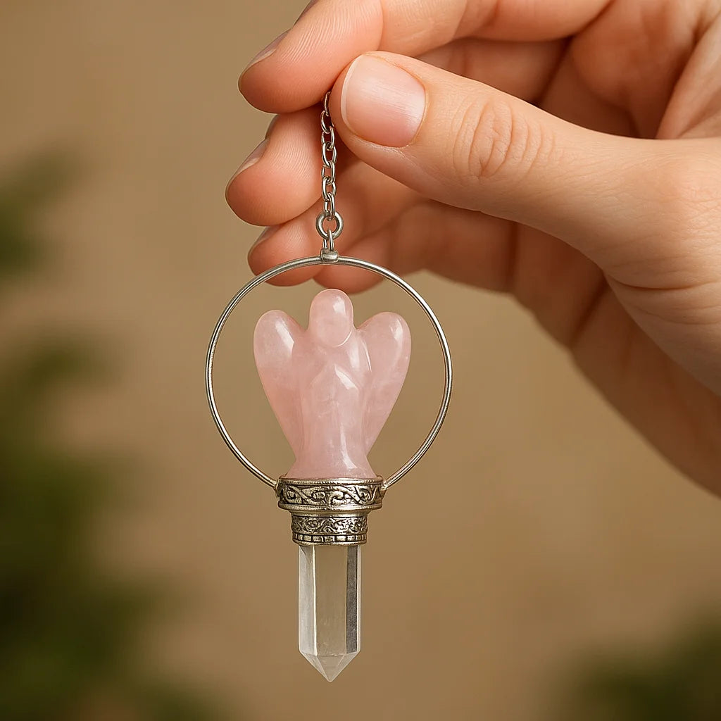 Péndulo Ángel de cuarzo rosa, cristal rosado natural con silueta alada y cadena plateada - Amor y sanación