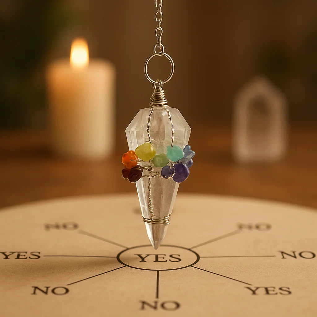 Péndulo Mágico de Siete Chakras con Cuarzo Roca transparente, punta y cadena plateada - alinea chakras e impulsa intuición