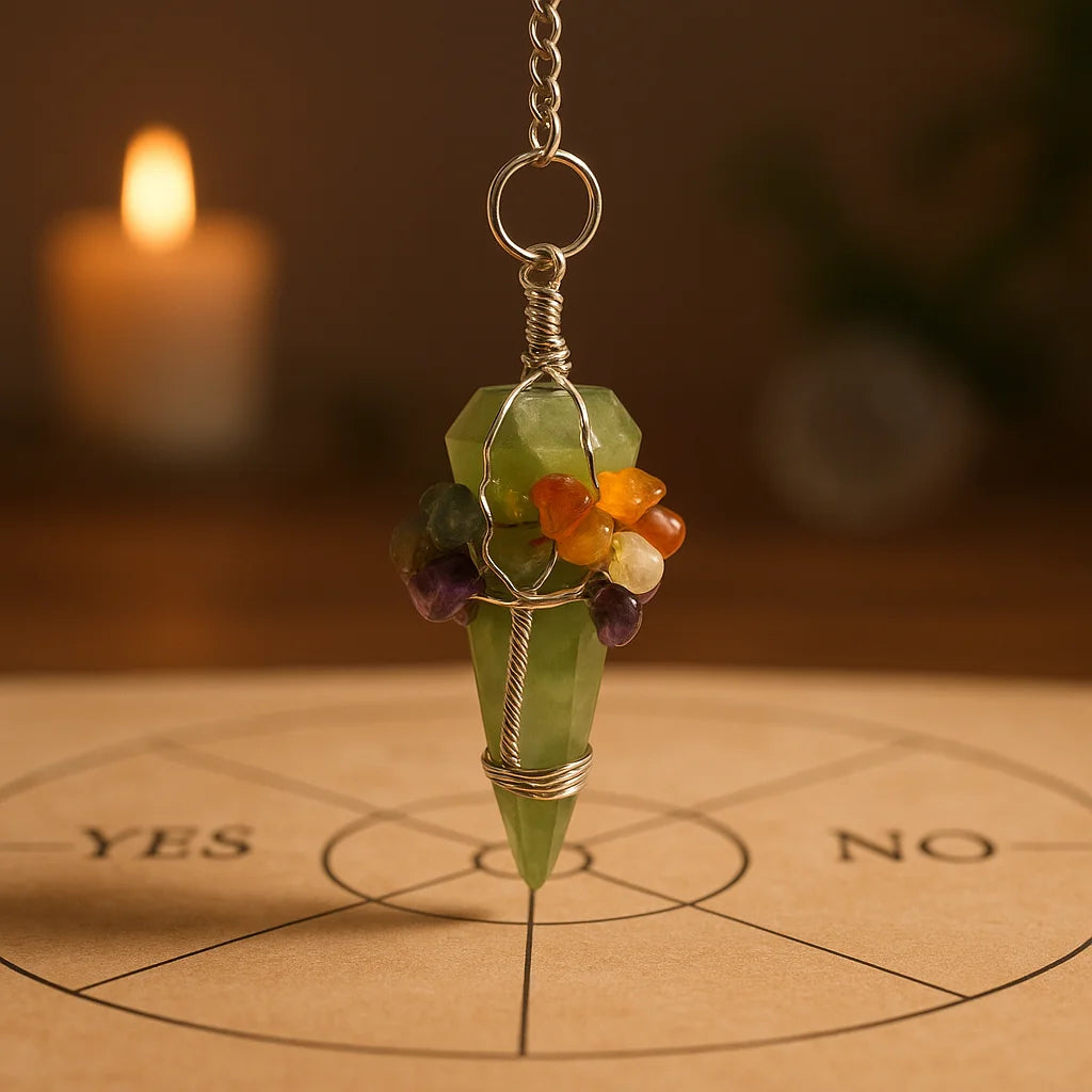 Péndulo Mágico Siete Chakras Aventurina: punta de aventurina verde y piedras de chakra; cadena plateada - equilibrio.