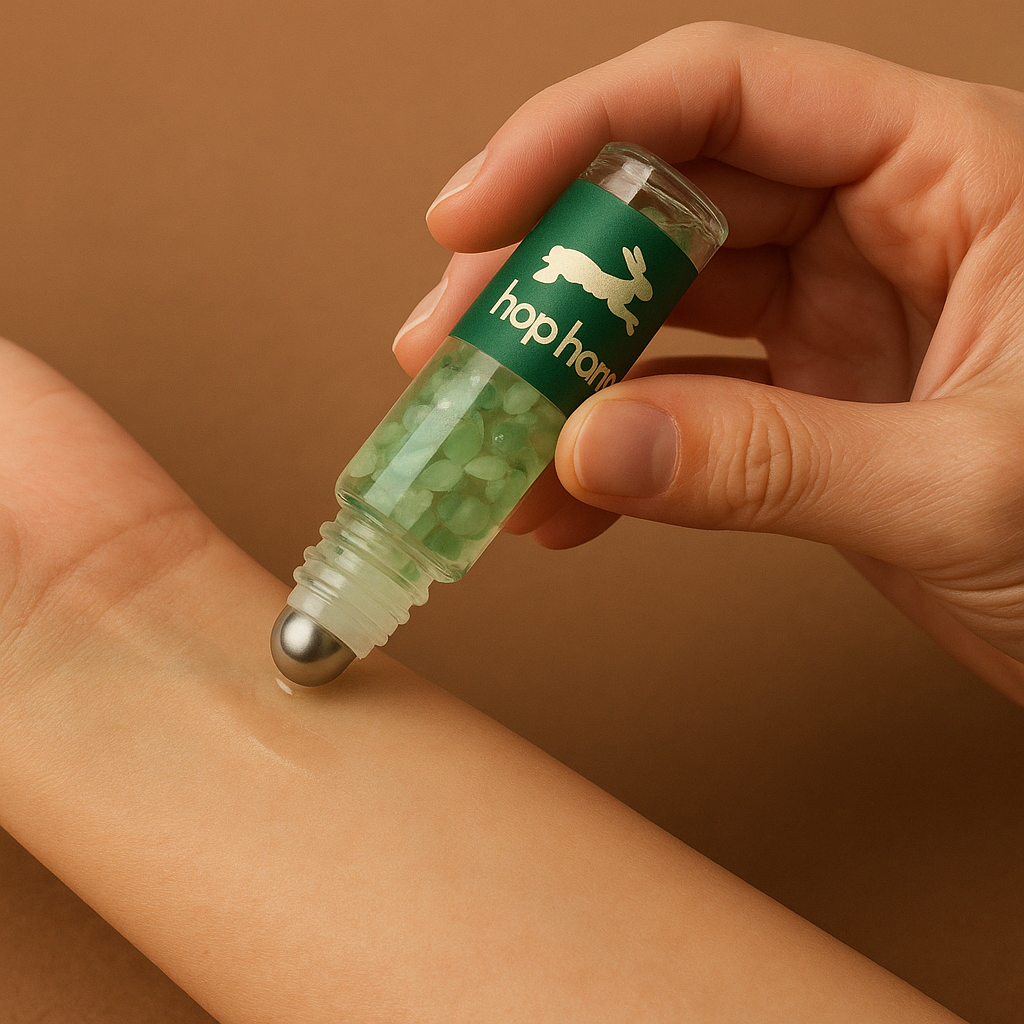 uso real de  Roll-On 10 ml de Aventurina, esfera en frasco, con piedras verdes y tapa de bambú - equilibrio emocional y manifestación