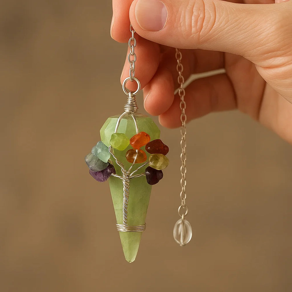 Péndulo Mágico Siete Chakras Aventurina: punta de aventurina verde y piedras de chakra; cadena plateada - equilibrio.