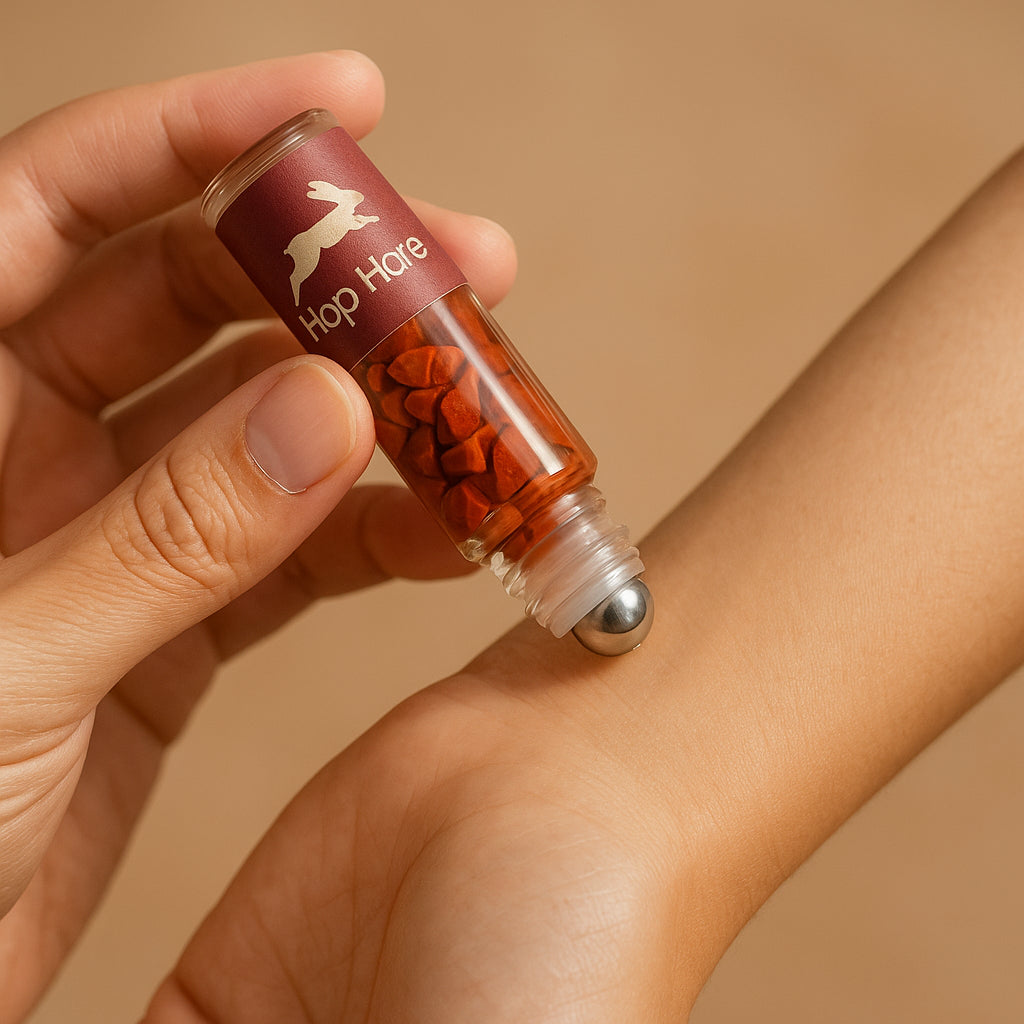 uso real de  Roll-On de Jaspe Rojo 10 ml con piedras auténticas y tapa de bambú; inspirado en El Diablo - energía y maestría interior