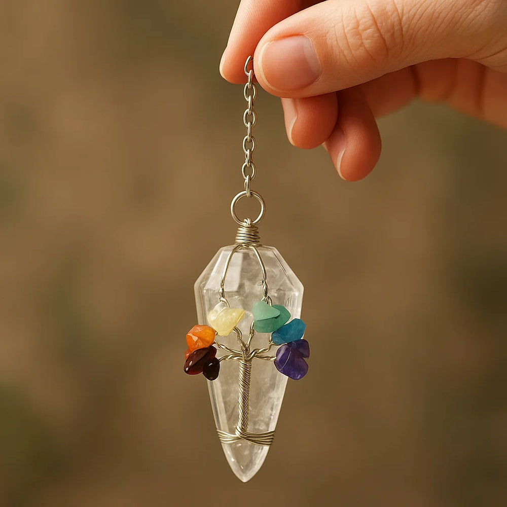 Péndulo Mágico de Siete Chakras con Cuarzo Roca transparente, punta y cadena plateada - alinea chakras e impulsa intuición