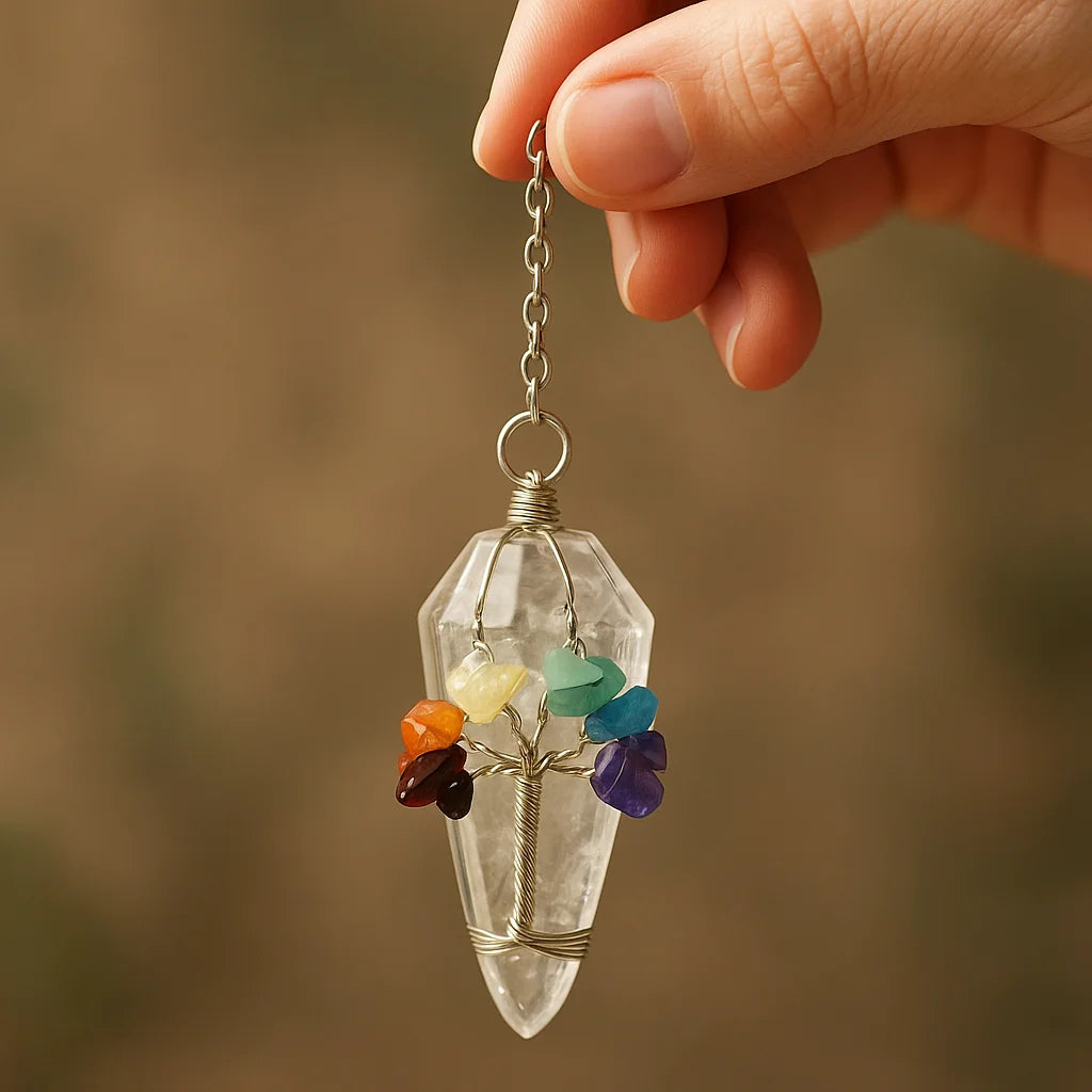 Péndulo Mágico de Siete Chakras con Cuarzo Roca transparente, punta y cadena plateada - alinea chakras e impulsa intuición
