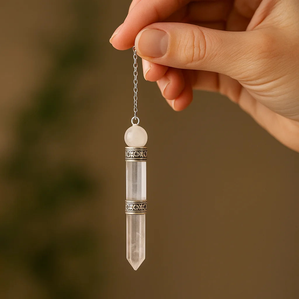 Péndulo Cuarzo Roca 3 Partes: cuerpo transparente, desmontable en tres secciones y cadena plateada - radiestesia precisa