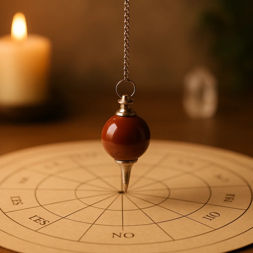 Péndulo jaspe rojo, esfera pulida, color carmín y forma redonda, ideal para meditación - favorece enfoque y equilibrio