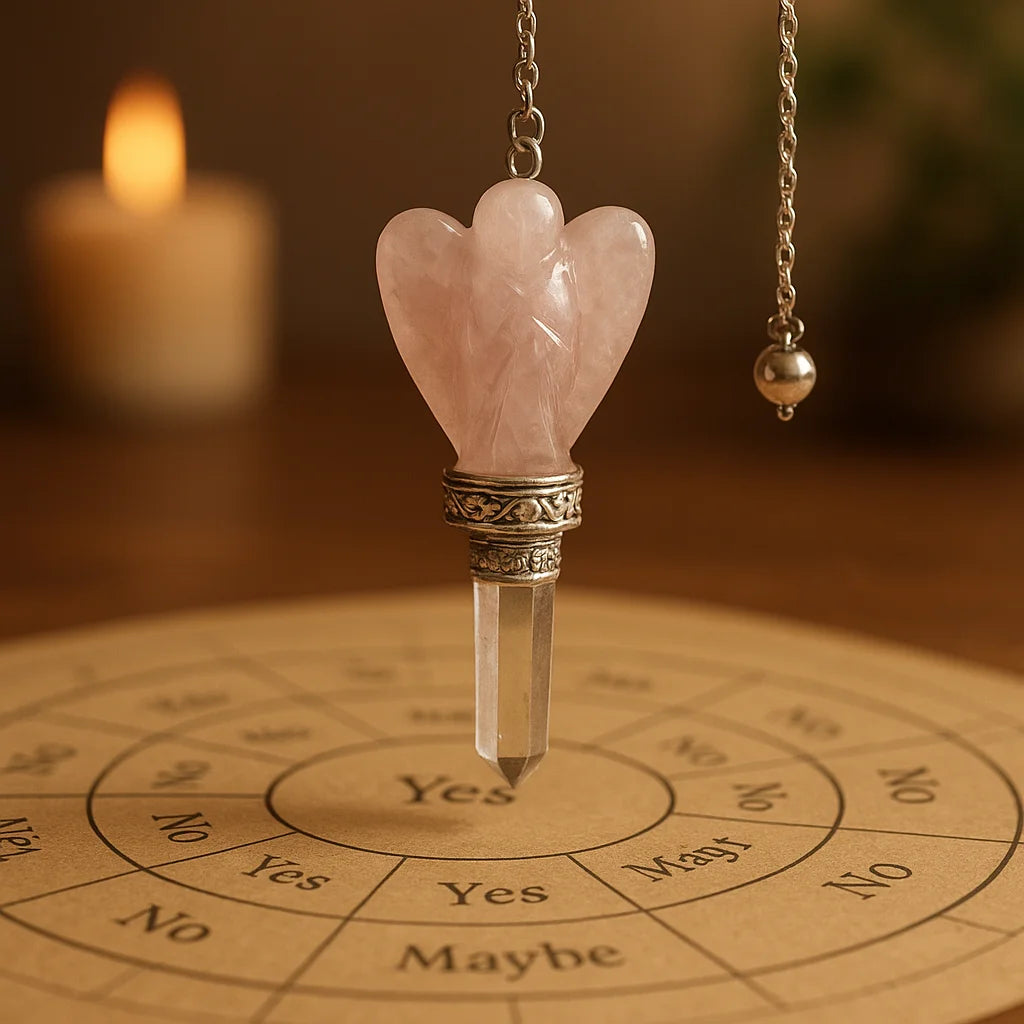 Péndulo Ángel de cuarzo rosa, cristal rosado natural con silueta alada y cadena plateada - Amor y sanación