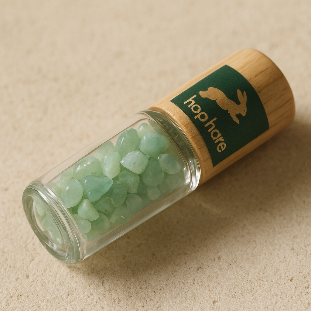 Detalle mineral de Roll-On 10 ml de Aventurina, esfera en frasco, con piedras verdes y tapa de bambú - equilibrio emocional y manifestación