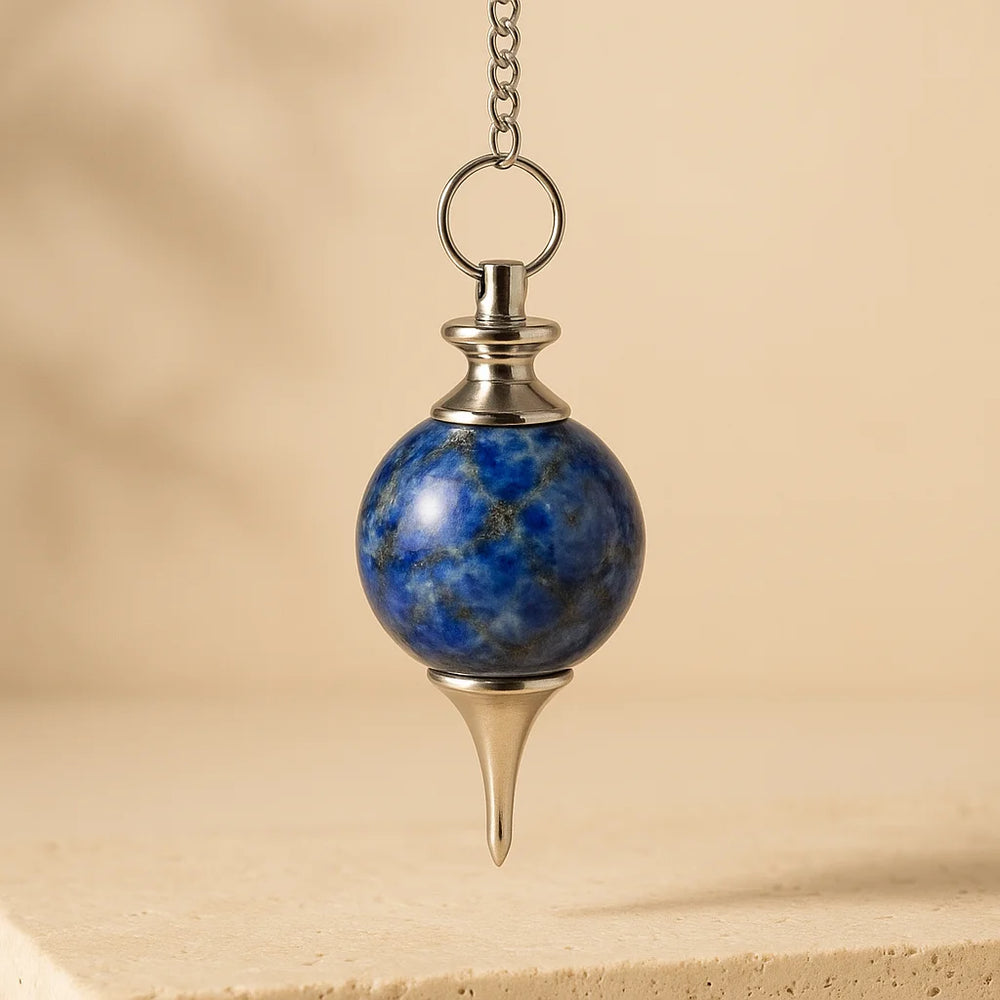 Péndulo Esférico de Lapislázuli: esfera azul, engarzada en plateado con cadena y anillo - favorece intuición y claridad