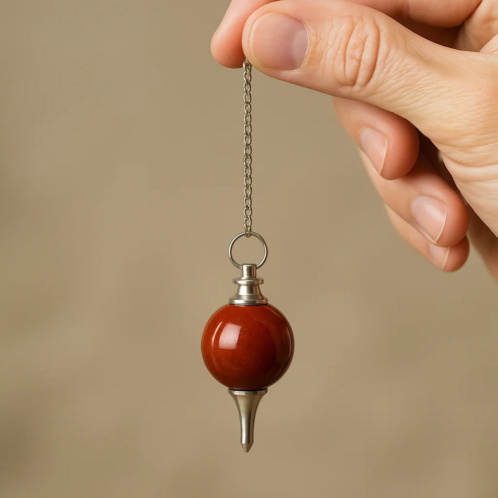 Péndulo jaspe rojo, esfera pulida, color carmín y forma redonda, ideal para meditación - favorece enfoque y equilibrio
