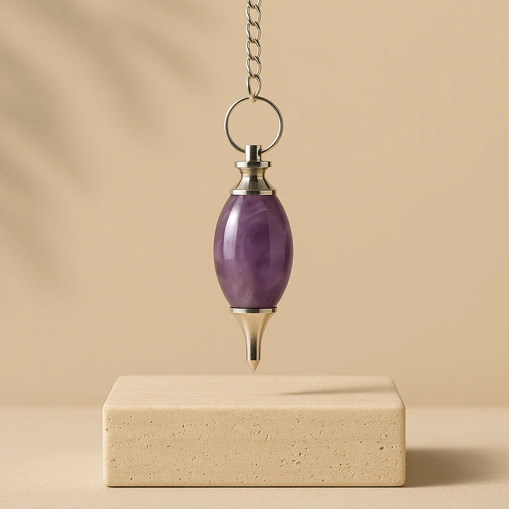 Péndulo Lingam de Amatista natural con cadena plateada, púrpura - útil para meditación y radiestesia - guía intuitiva