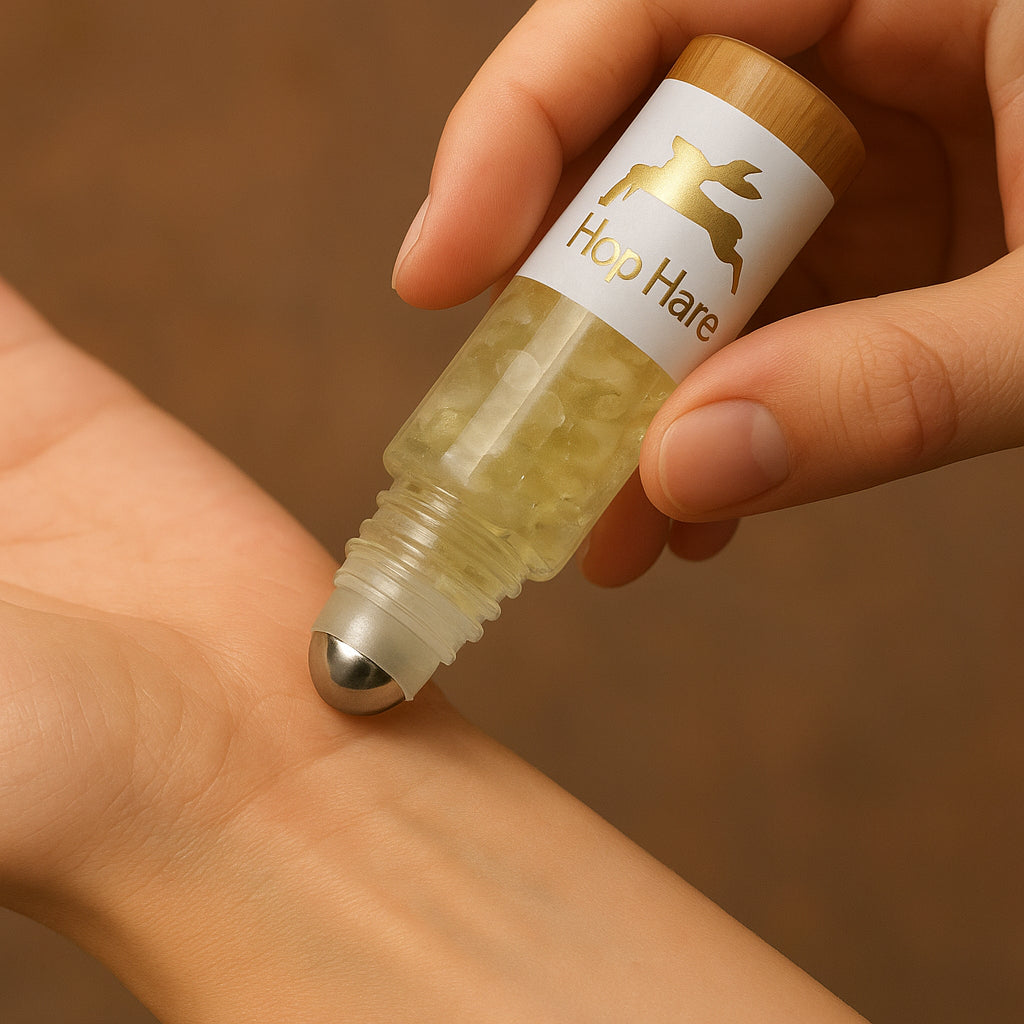 uso real de  Cuarzo Transparente roll-on 10 ml con tapa de bambú, piedras auténticas y esfera aplicadora - claridad y equilibrio