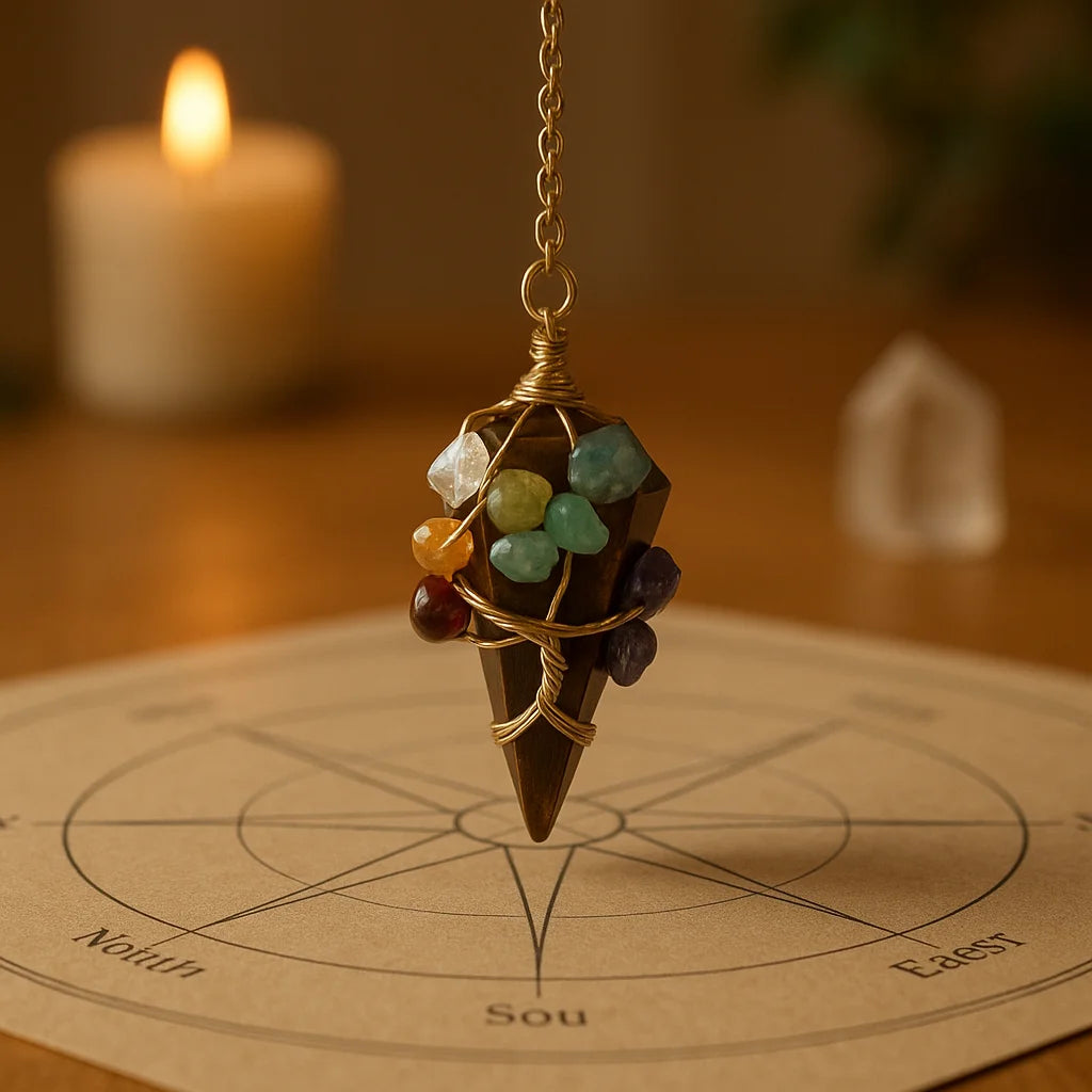 Péndulo radiestesia de ojo de tigre con árbol de los 7 chakras y cadena metálica, imagen editorial minimalista sobre base de travertino.