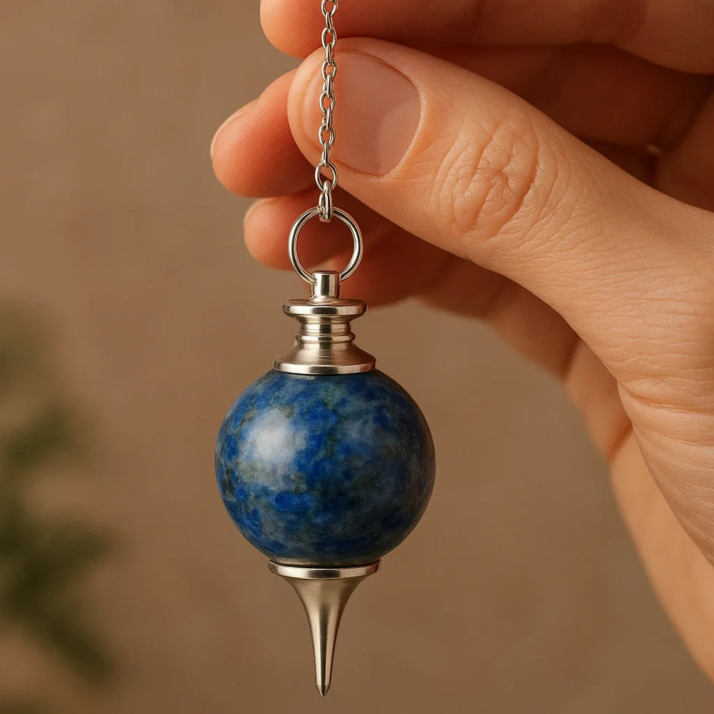 Péndulo Esférico de Lapislázuli: esfera azul, engarzada en plateado con cadena y anillo - favorece intuición y claridad