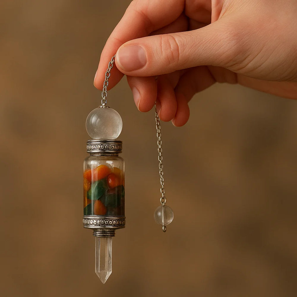 Péndulo Chakras Flotantes con cristales de siete centros, diseño suspendido y cadena plateada - equilibrio e intuición