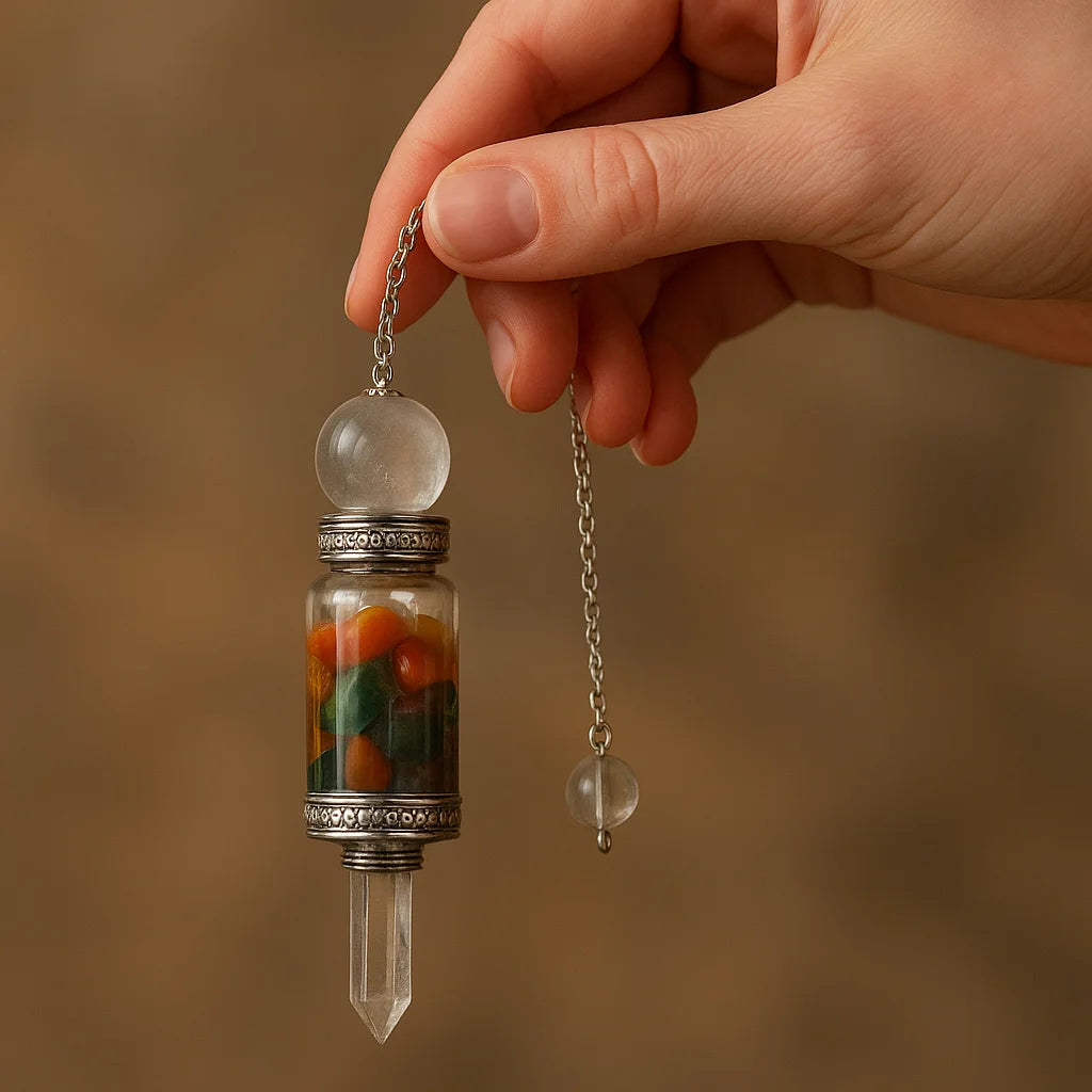 Péndulo Chakras Flotantes con cristales de siete centros, diseño suspendido y cadena plateada - equilibrio e intuición