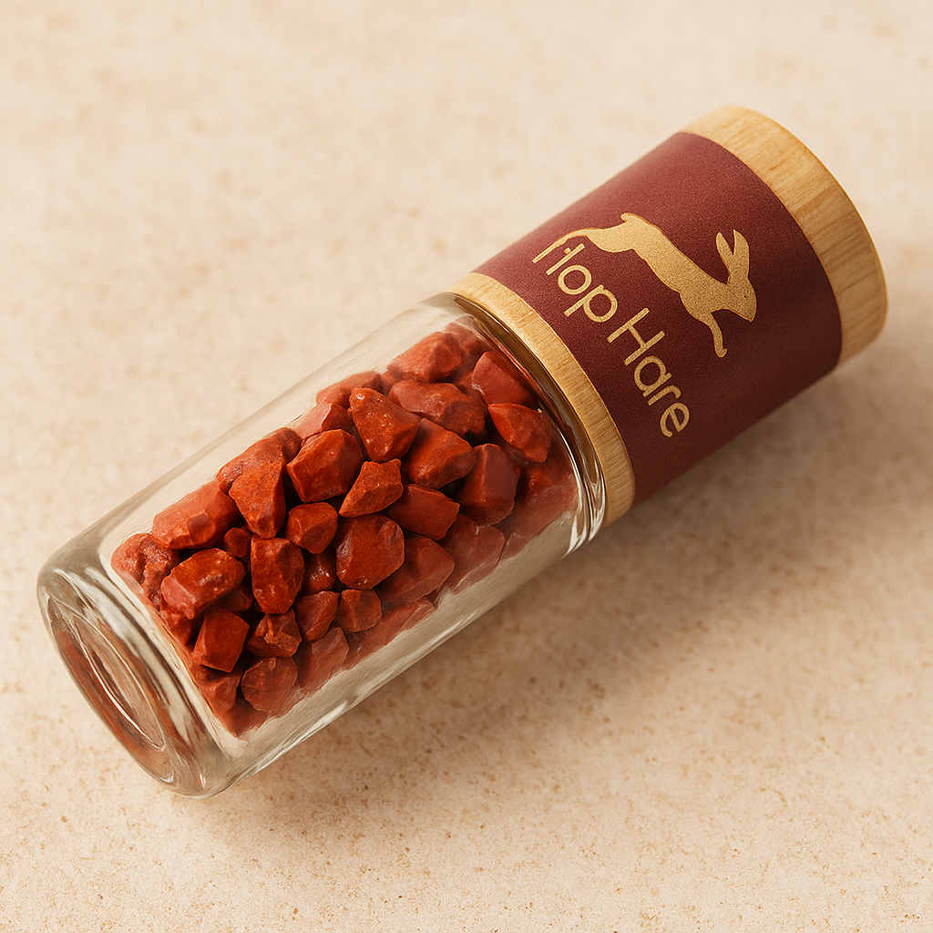 Detalle mineral de Roll-On de Jaspe Rojo 10 ml con piedras auténticas y tapa de bambú; inspirado en El Diablo - energía y maestría interior
